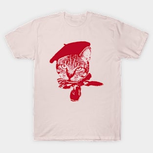 Ooo la la Cat with Beret, Red on Pink T-Shirt